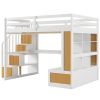 Full Size Loft Bed with Desk and Shelves, Two Built-in Drawers, Storage Staircase, White and Natural