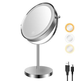 8-inch Makeup Mirror with Lights, Double Sided 1X/10X Magnifying Mirror, 3 Color Lighting Dimmable Vanity Mirror with 360° Swivel (Color: Chrome)